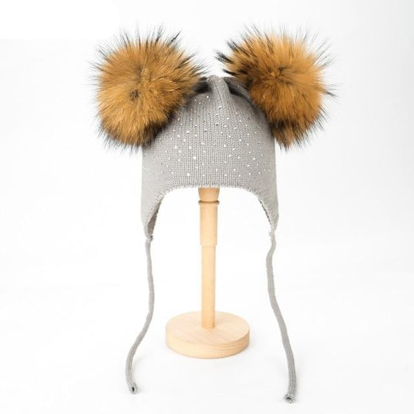 Raccoon Fur Pompoms Beanie